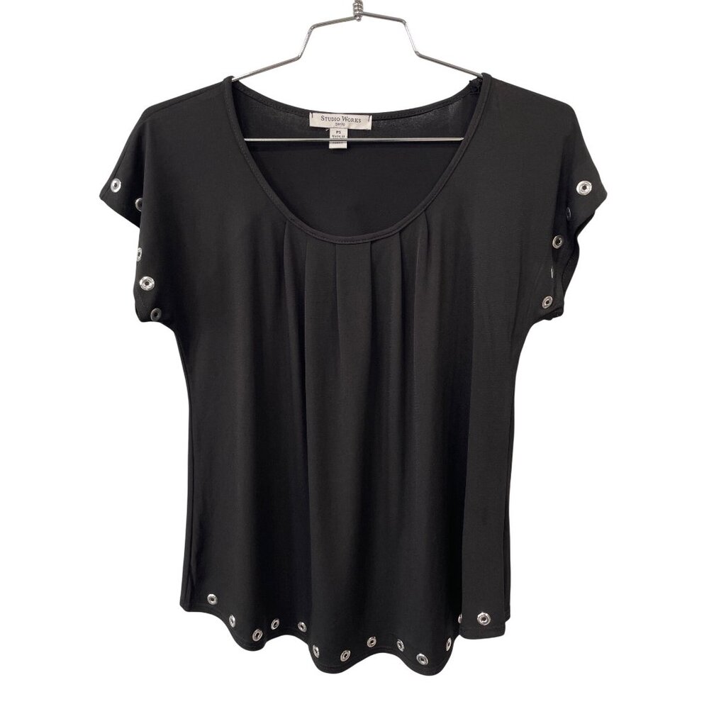 Studio Works Blouse Size Small Petite Short Sleeve Pleated Neck Grommet Accents